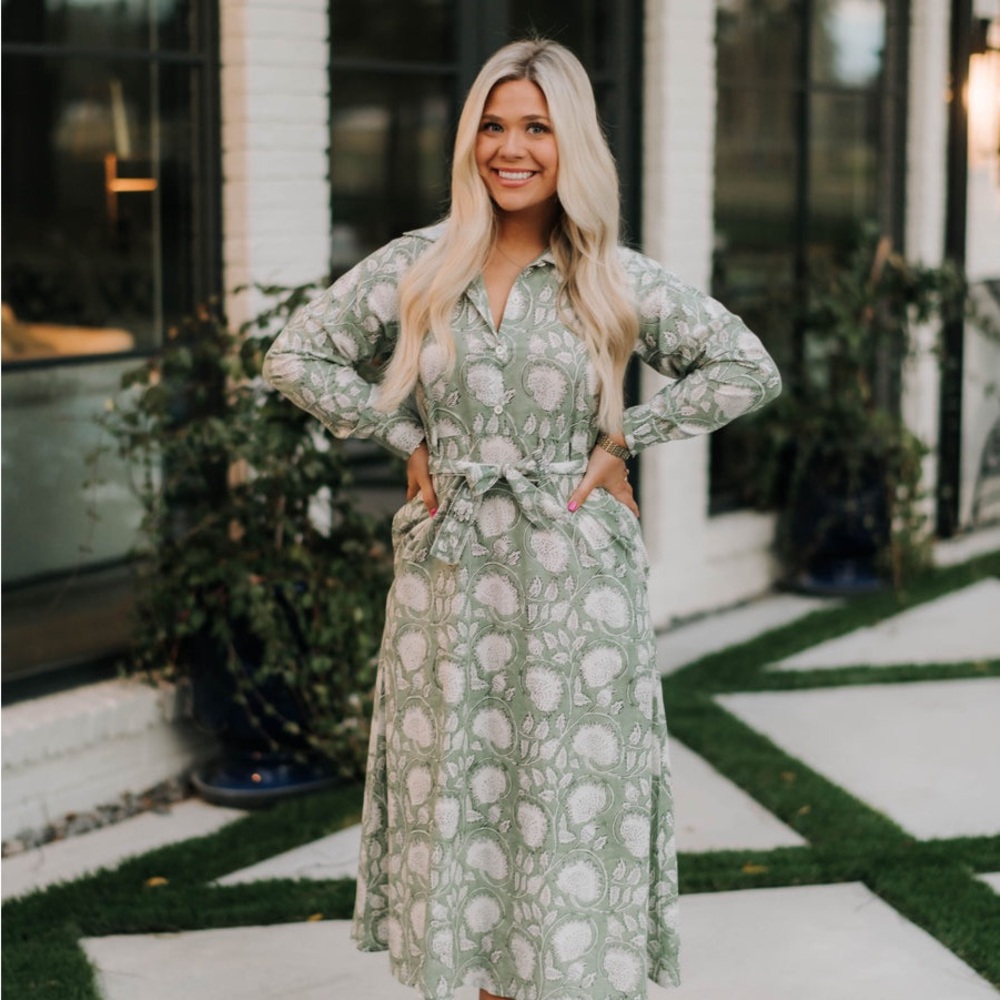 Women's Green Patterned Midi Dress with Waist Tie